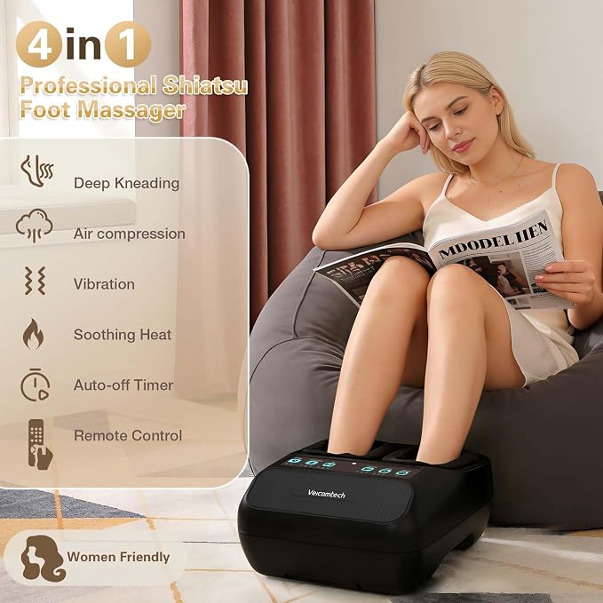 veicomtech Shiatsu Foot Massager with Heat, Electric Foot Massager Machine for Plantar Fasciitis Neuropathy with Remote Control, Adjustable Vibration and Compression (Black)