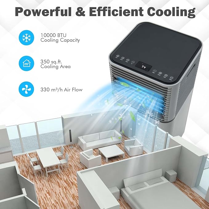 COSTWAY Portable Air Conditioners, 8000 BTU Portable AC Unit with Remote Control, Cooling for Room Spaces up to 230 sq.ft, with Sleep Mode, 24H Timer, Dehumidifier, Fan (8000 BTU, Grey)