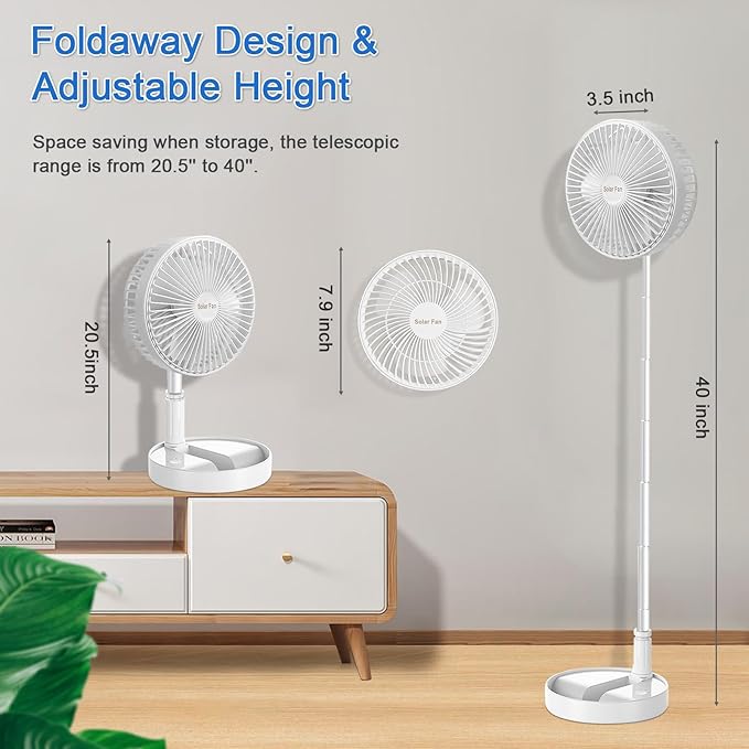 Portable Standing Fan with Solar Panel, Battery & Solar Powered Fan for Travel, 8" Rechargeable USB Foldable Compact Pedestal Fan, 3 Speeds Quiet Telescopic Desk Fan for Home Bedroom Camping