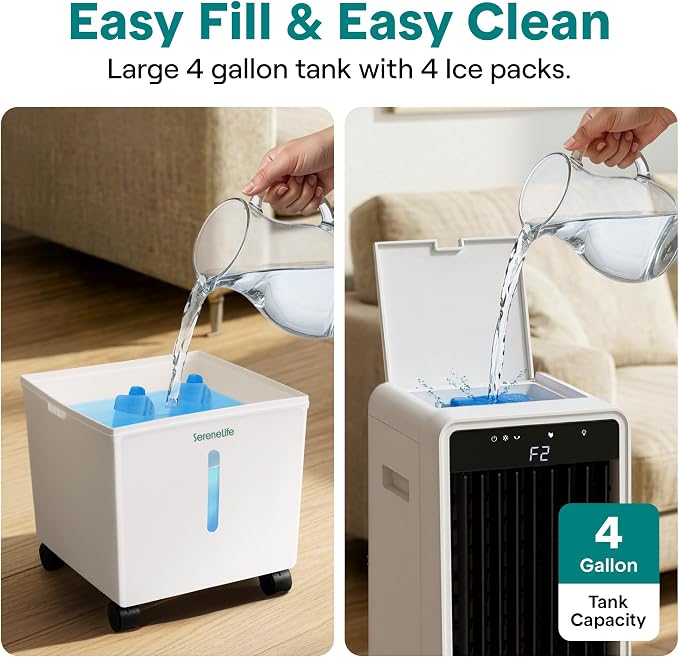 SereneLife Evaporative Air Cooler with 15 L Detachable Water Tank, Air Cooler with 1500 CFM Cooling Power, Indoor Outdoor Oscillating System with Wheels, Remote & Ice Packs, (Black & White)
