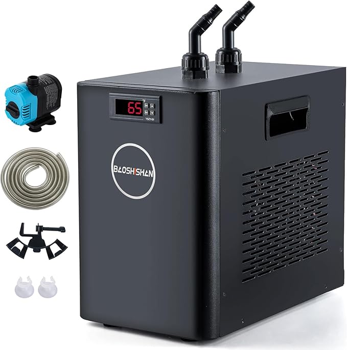 BAOSHISHAN 1/10 HP Aquarium Chiller 42 Gallon 160L Water Cooling System | Quiet Compressor Refrigeration, Includes Pump and Tubing, 110V, Ideal for Hydroponics, Axolotl and Reef Tanks