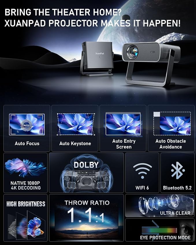 【Black Projector & Built-in Apps】XuanPad Mini Projector with Wi-Fi and Bluetooth, Full HD 1080P Smart Portable Projector with 210° Stand, Auto Vertical Keystone, Compatible with HDMI/USB/TV Stick
