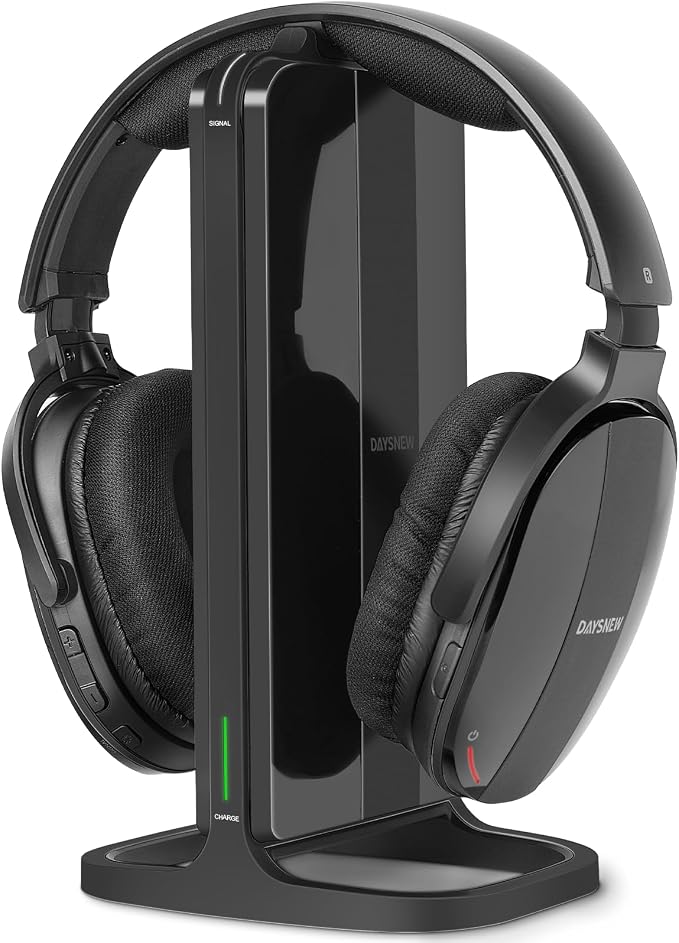 Wireless Headphones for TV with 2.4GHz RF Transmitter Charging Holder, Personal Volume, Plug and Play, 100FT, Bluetooth TV Headphones Wireless for Seniors, No Delay, Support OPT/RCA/AUX, Black, DB100