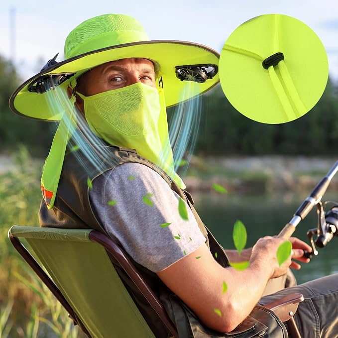 Sun Hat with Fan for Women Men Wide Brim Fishing Solar Hat with Face Cover Neck Flap Reflective with Dual Power