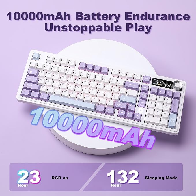AJAZZ AK980 Mechanical Keyboard, Creamy & Thocky with Smart Display & Knob, 98% Wireless Tri-Mode BT/2.4G/USB-C, Hot Swappable, RGB Light for Win & Mac (Purple, Murad Switch)