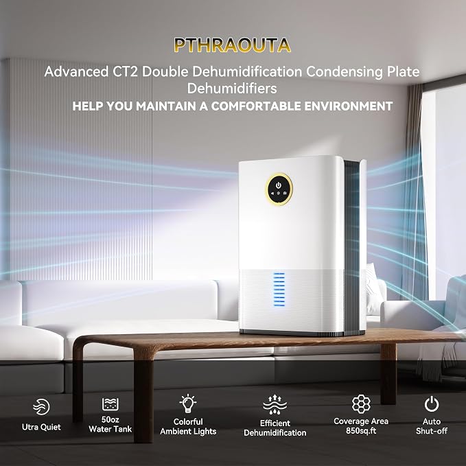 PTHRAOUTA Dehumidifier for Room for Home, (850 sq.ft) Small Dehumidifiers with Drain Hose, Safe Drainage Auto-off Odor Removal 2 Duak-Core Portable Mini Deshumificador Bathroom RV, 50 OZ Water Tank