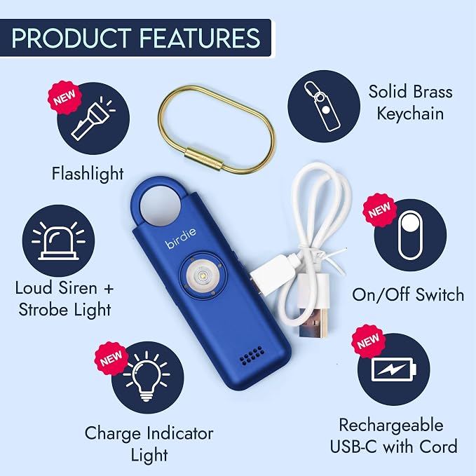 She’s Birdie 3.0 New Version – The Original Personal Safety Alarm for Women by Women–Loud Siren, Flash Light and Rechargeable Battery in a Variety of Colors (Metallic Indigo Blue)