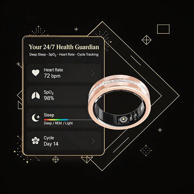 Diamond Smart Ring for Women, Fitness & Vital Signs Monitoring, Sleep Tracker, Remote Photography, No Subscription, Ladies Gift, iOS & Android(Gold,10#)