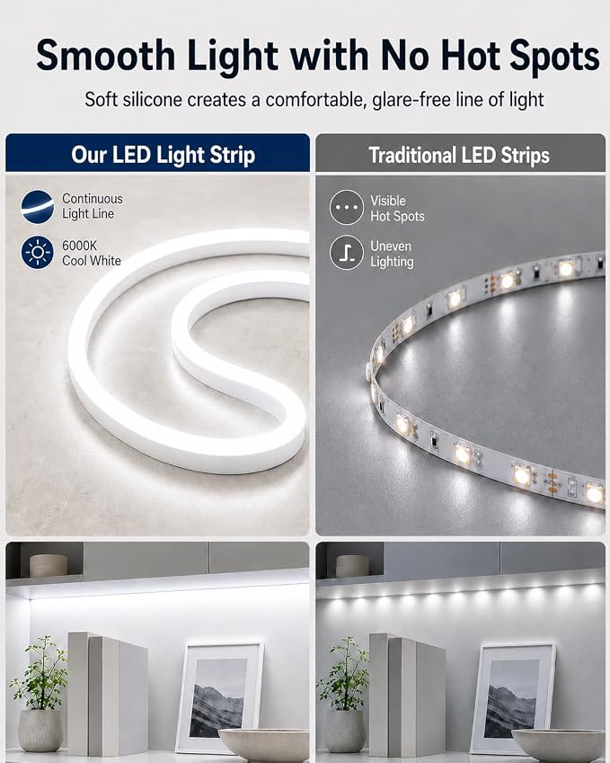 White Led Strip Lights, 16.4ft/5m Neon Light Strip, 12V Flex Waterproof Neon LED Strip Silicone LED Neon Rope Light for Kitchen Bedroom Indoor Outdoor Decoration（Power Adapter not Included