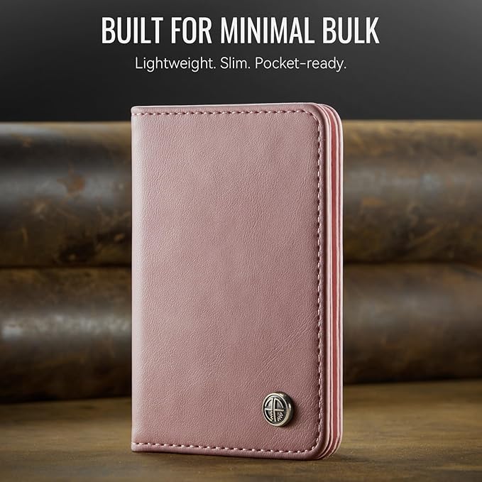 Slim PU Leather RFID Magnetic Wallet for Men and Women, Minimalist Magnet Card Holder Phone Wallet Compatible with Magsafe for Apple iPhone 17 16 15 14 13 12 Series, Retro Pink
