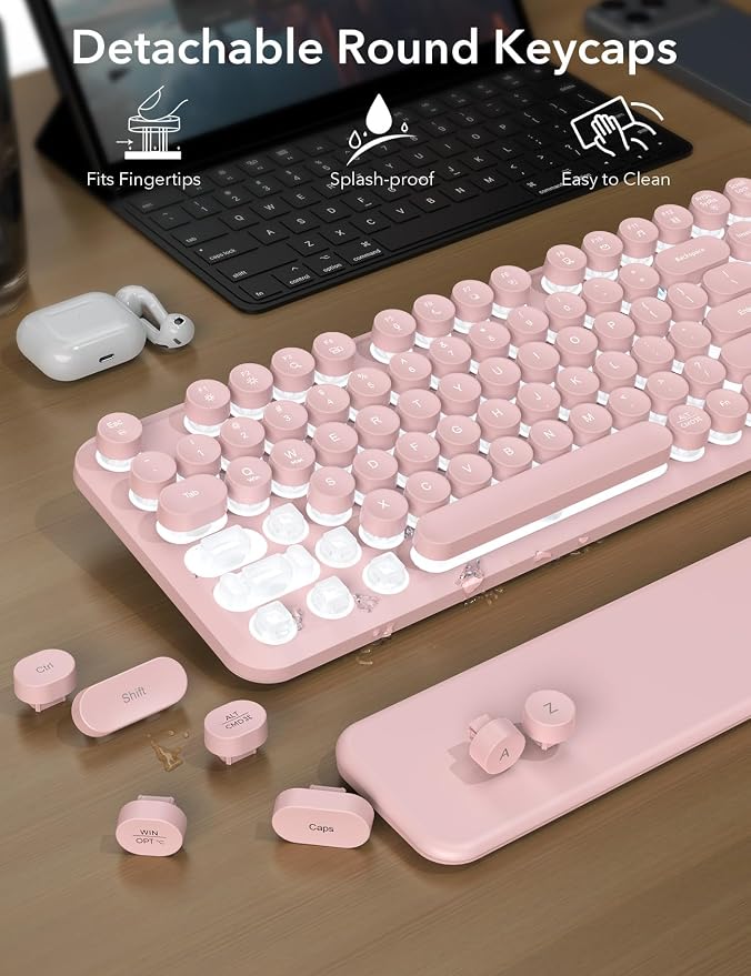 Wireless Keyboard and Mouse Backlit - Pink Typewriter Keyboard with Magnetic Wrist Rest, Retro Round Keycaps, Light Up Letters, 2.4GHz Cordless Combo for Windows, PC, Laptop, Trueque [Upgraded]