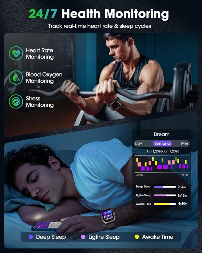 Military Smart Watch Built-in GPS, 100+ Sport Modes for Men, Smartwatch with Heart Rate & Sleep Tracking, 2ATM Waterproof, Bluetooth Calling, Fitness Watch for iPhone & Android, Black