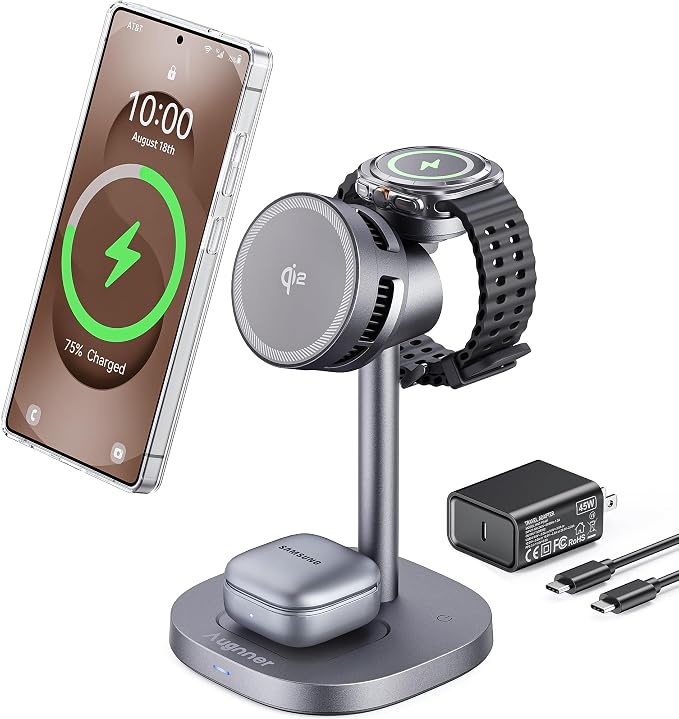 Magnetic Wireless Charger for Samsung, Qi2 Fast 15W Android 3 in 1 Charging Station TEC Cooling Compatible with Magsafe Charger for Galaxy S25 Ultra/S24/Z Fold 7/Flip7/Samsung Watch Ultra 8/Buds
