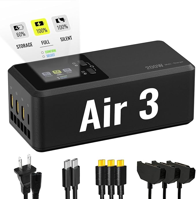LKTOP 200W Air 3/Air 3S Parallel Charging Hub Fast Battey Charger Kit for DJI/Specta Air3 Series Drone Accessories, 60% Storage/Silent/Output Mode, LCD Screen Display (Charge 3 Batteries: 1hr 10min)