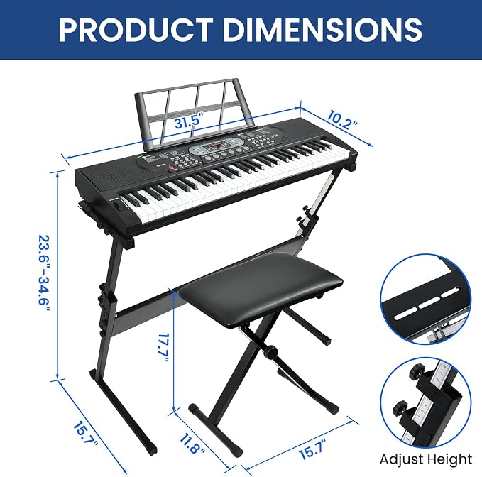 61 Key Keyboard Piano, Electric Piano Keyboard with Lighted Keys, Pitch Bend, Built-in Speakers- Includes Piano Stand and Bench, Microphone, Portable Keyboard Piano for Beginners