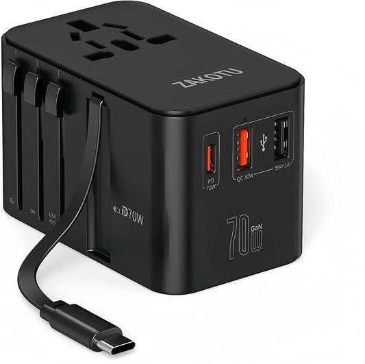 Universal All in One 70W Worldwide Travel Adapter with PD3.0 Dual USB, International Plug Adapter with Retractable Cable, International Power Adapter with Type I C G A Outlets 110V 220V EU Euro US UK
