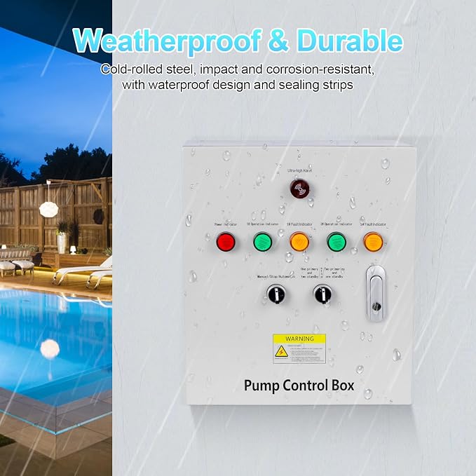 2 HP Well Pump Control Box, 220V Single Phase, 2 AC Contactors, 2 Float Switch, Ultra-high Water Level Alarm, Manual/Automatic, Safe & Reliable for Submersible Well Pump