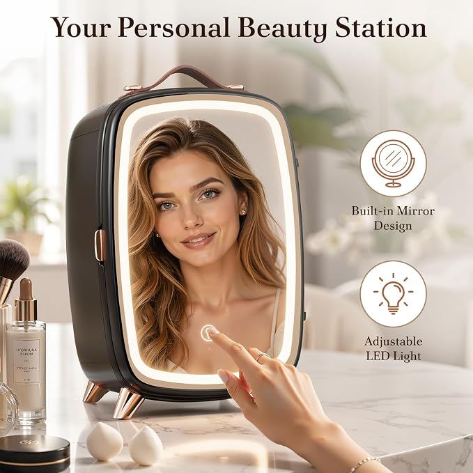 Electactic Mini Skincare Fridge with Dimmable LED Mirror, 6L Makeup Fridge Holds 8 Cans, 7° Lean-Back Mirror Design, Portable Cosmetic Refrigerator for Skincare, Beauty Products & Drinks, Black