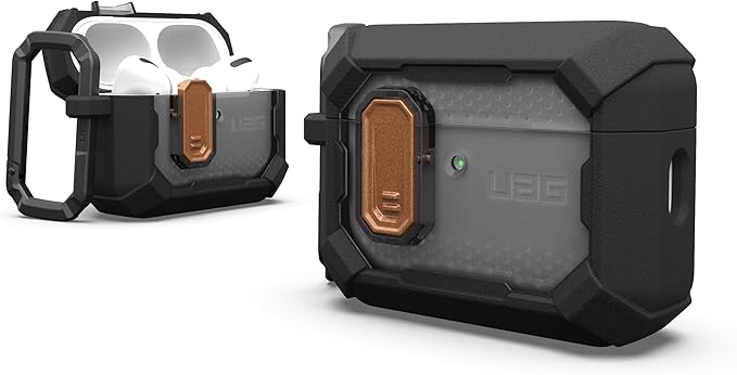 URBAN ARMOR GEAR UAG Designed for AirPods Pro 3rd Gen Case, Rugged Military Grade Drop Proof Protective Cover with Detachable Carabiner Clip & Secure Lip Closure, Plasma Blackout/Aged Bronze