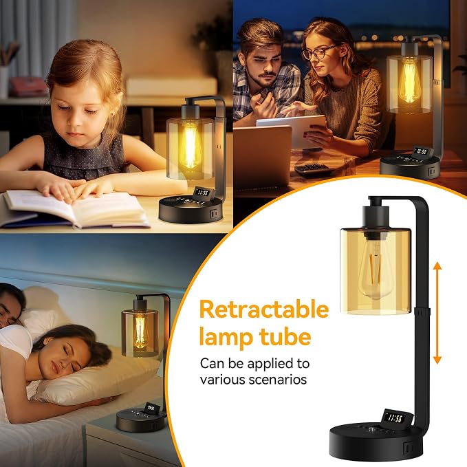 Aialun Industrial Table Lamp,Dimmable Bedside Lamps Nightstand for Bedroom USB A/C Charging Ports,Alarm Clock Bluetooth Speaker Lamp,Adjustable Height 2700K Warm Light Desk Touch Lamp for Living Room