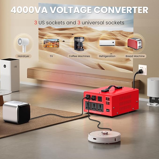 4000W Voltage Transformer Power Converter(110V to 220V, 220V to 110V) Step Up/Down Converter 110/120 Volt - 220/240 Volt w/US Power Cord, LCD Display, 3 US Outlets, 3 Universal Outlet
