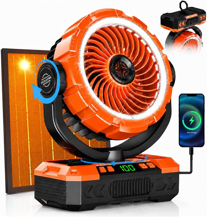 Rechargeable Solar Powered Camping Fan & Auto Oscillating, 【60H Runtime】Battery Powered Fan, Portable Outdoor Fan,5 Speeds,3 Lights,12H Timer for Travel, Fishing,Jobsite,Beach,Camping Essential