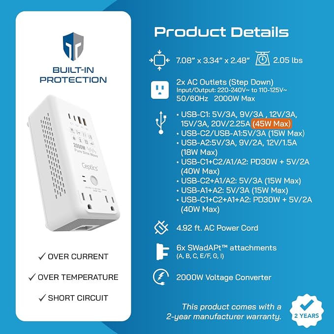 Ceptics Voltage Converter US to Europe, 2000W Pure Sine Wave 220V to 110V, Perfect for Hair Dryer, Straighteners and Curling Iron, 6 in 1 with 2 AC Outlets and 4 USB Ports (PD 45W)