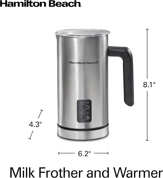 Hamilton Beach Electric Milk Frother & Warmer, Automatic Warm or Cold Foam, 5-10 oz., Create Café-Quality Coffee, Latte, Cappuccino, Frappe, Hot Chocolate, 4 Settings, Stainless Steel (43565C)