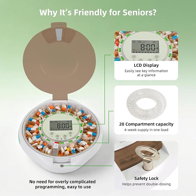 Locked Bluetooth Pill Dispenser for Caregivers App Track Adherence History | Top Lock & Ergonomic Flip Lid Friendly for Seniors, 28-Day Organizer with 9 Custom Alarms & Clear LCD, Sound-Light Reminders