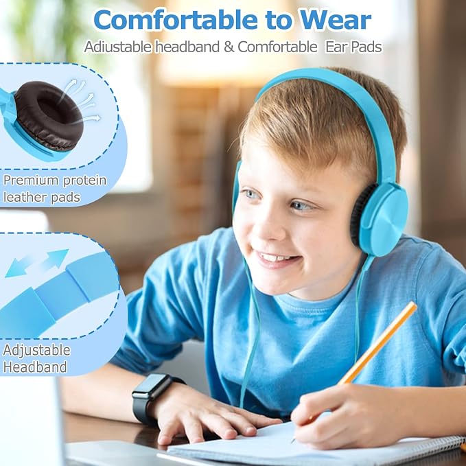 2 Pack Kids Headphones for School Classroom K-12, Swivel Foldable, HD Stereo, 3.5mm Jack Wired Headphone for Kids Children Student (Blue+Pink)