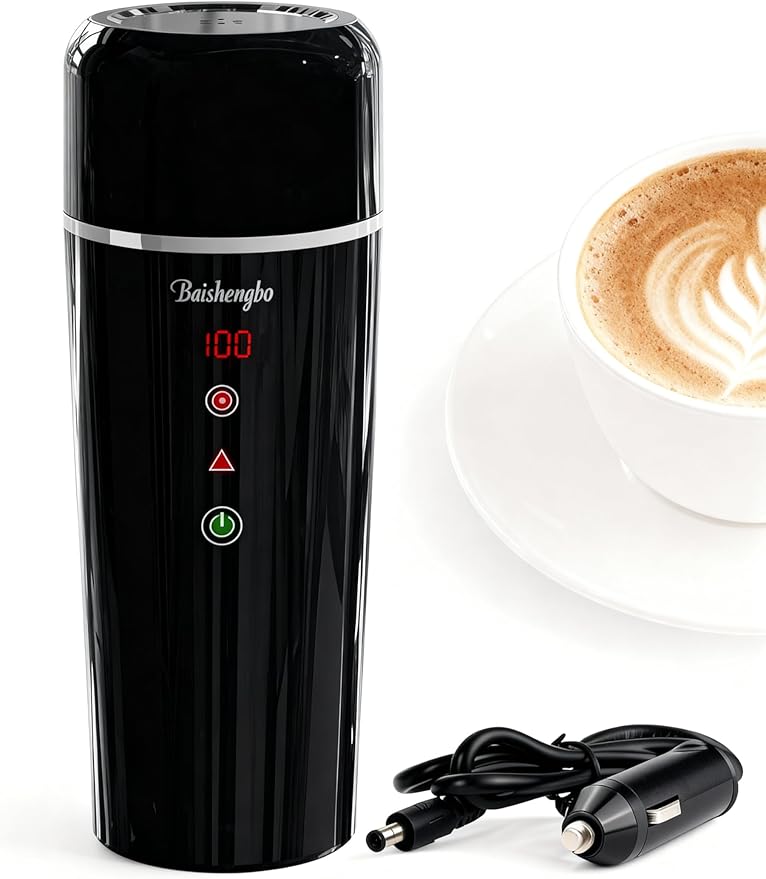 Car Electric Kettle | LED Car Coffee Maker | 12V/24V Car Kettle | 14.2 oz Auto Stir | | IPX7, BPA-Free, Keep-warm 104-194°F, 20-min Boil | Fahrenheit (°F) Display