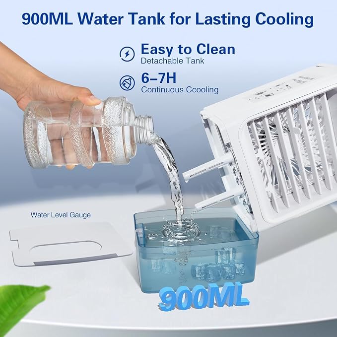 Portable Air Conditioners, 3-In-1 Mini Portable AC Unit 3 Speed with Icy Mist, 900ML Water Tank Cooling Fan with 2/4H Timer 7 Color Lights, Evaporative Cooler Fan for Car Bedrooms Offices Desk Rv Room