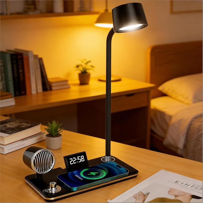 15W Wireless Charging Desk Lamp, Bluetooth 5.0 Speaker, Digital Alarm Clock, Touch Control, 3 Color Lighting & Dimmable, Flexible Gooseneck for Office & Bedside, HYT1772 Black.