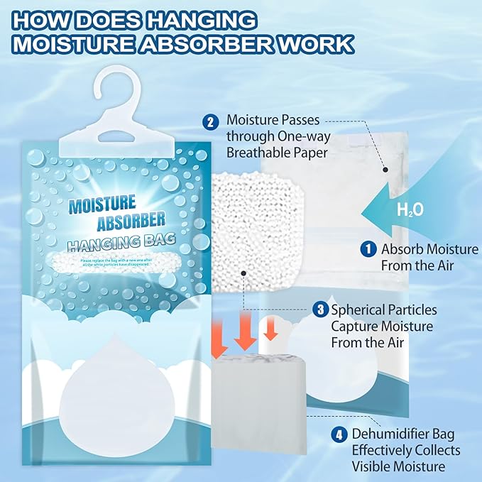 Moisture Absorbers 12 Pack - Fragrance Free Humidity Absorber High-Efficiency Dehumidifier Bags Portable Moisture Hanging Bags for Closet, Bathroom and Kitchen