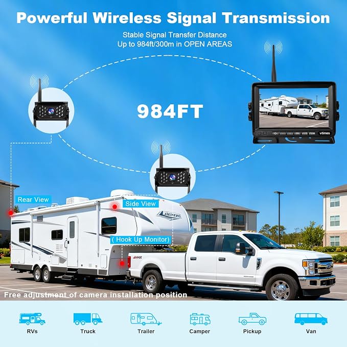 VTimes Wireless Backup Camera 2 Cameras, RV Backup Camera System with 7" Monitor for Truck, 4 Channels Split Screen, BSD Alert, 984ft Signal Range, IP69K Waterproof IR Night Vision, DIY Guide Lines