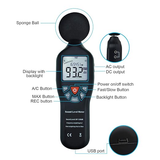 Decibel Meter Sound Level Meter Data Logger with CD Software Audio Decibel Noise Measure Tester 30 – 130 dB Audio Noise Measuring Range with Backlit LCD Display, Data Record Function