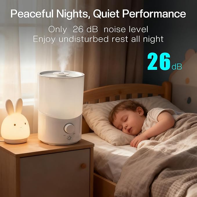 Cool Mist Humidifier for Bedroom, 3L Top Fill Ultrasonic Air Humidifier with Adjustable Knob Control, Quiet Operation, Auto Shut-Off, BPA-Free for Home, Baby, Office, Plants 6L