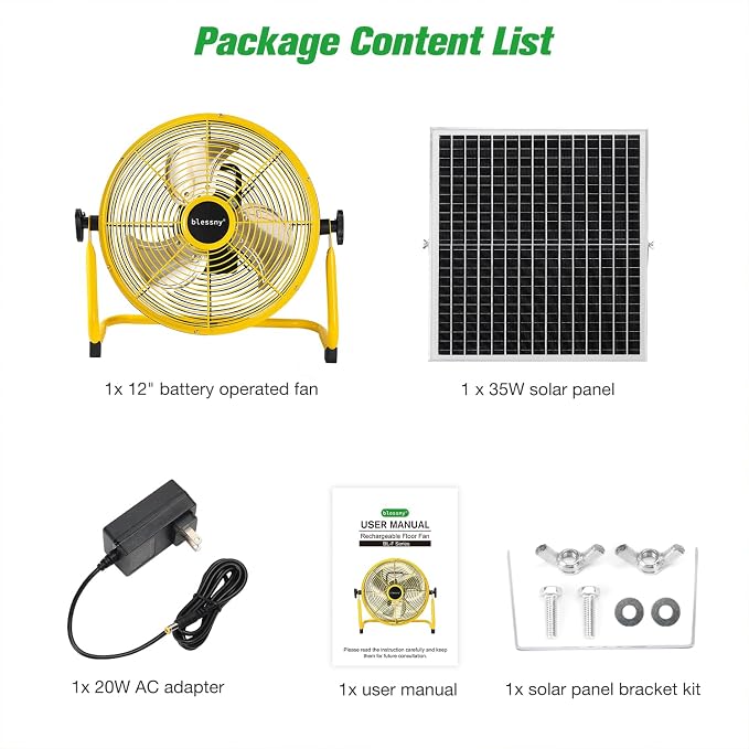 blessny 12" Solar Rechargeable Floor Fan with 35W Solar Panel for Home Outdoor Camping Gazebo Greenhouse Barn Poultry Pet House Cooling or Air Circulation, 23 Ft Long Cord