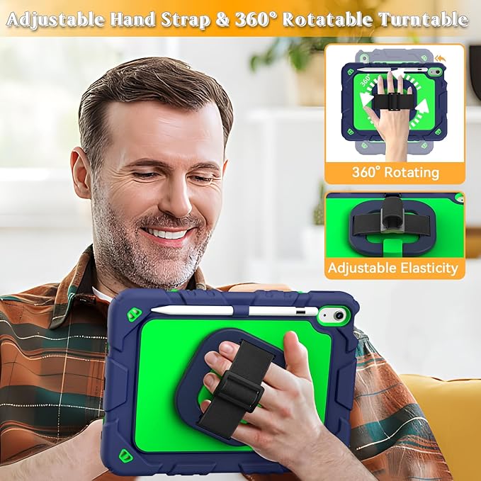 Grifobes for iPad A16 11th/10th Generation Case 2025/2022, for 11 Inch/10.9 Inch iPad Case Cover with Screen Protector, 360°Rotate Stand, Hand & Shoulder Strap, Pencil Holder, Blue Green