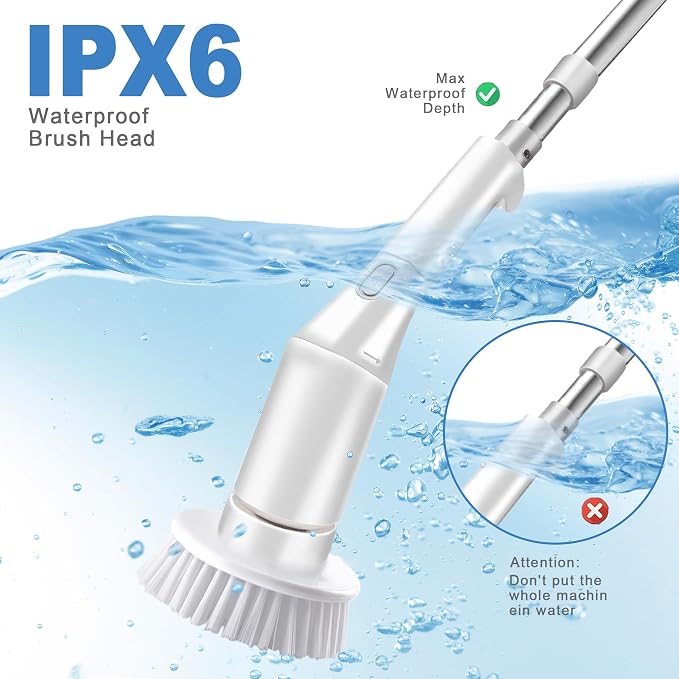 Electric Spin Scrubber, Brush Head Angle Adjustable, Shower Brush, Cordless Cleaning Brush IPX6 Waterproof, 6 Replaceable Brush Heads, Extendable Handle, 2 Speed, for Bathroom, Tile, Kitchen, Car