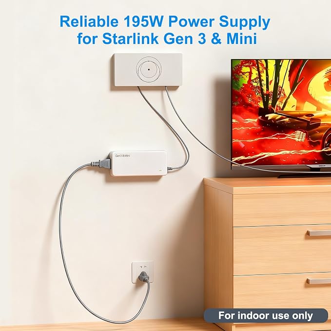 Starlink Gen 3 & Mini Replacement Power Supply - UL Listed 195W (57V 3.42A), Compatible Charging Adapter with 3.3ft 18AWG AC Cable and 1.65ft DC Cable