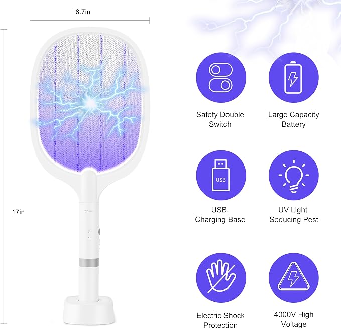 Electric Fly Swatter Racket, 4000V Bug Zapper Racket Rechargeable Fly Zapper Dual Modes Mosquito Swatter Portable with Purple Light & 3-Layer Safety Nets for Indoor & Outdoor, 2 Pack (2-Pack-Oval)
