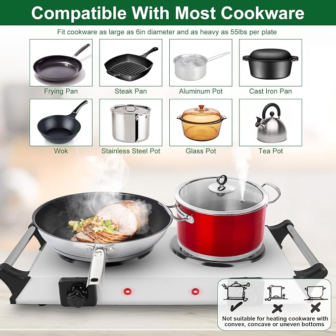 2000W Double Burner Electric, Portable Hot Plate for Cooking, Cooking Stove with 5 Temperature Adjustments, Countertop Burner Cooktop for Kitchen, Dorm