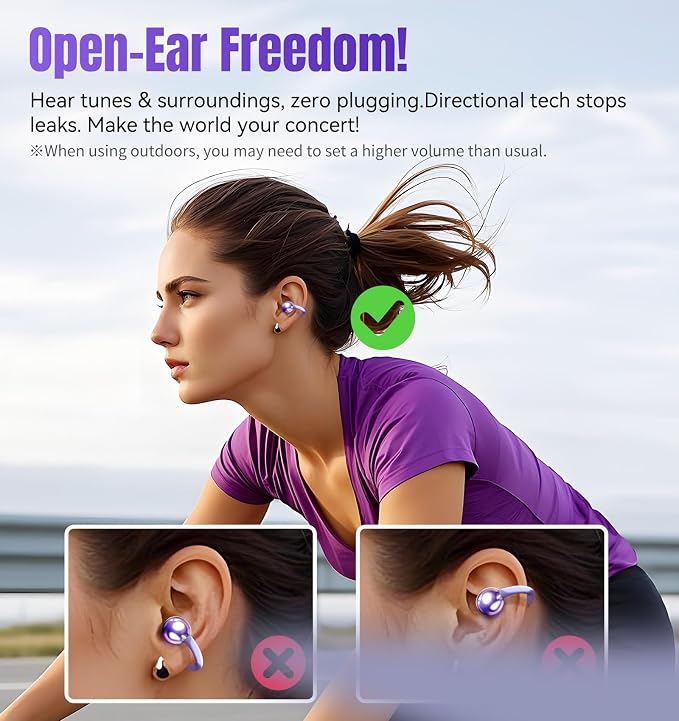 King Lucky Clip-On Earbuds Gen 3, Open-Ear Wireless Bluetooth 6.0 Headphones with Mic, Secure Fit for Small Ears & Glasses Wearers, 50H Playtime, LED Digital Display, ENC, IPX5 Waterproof (Purple)