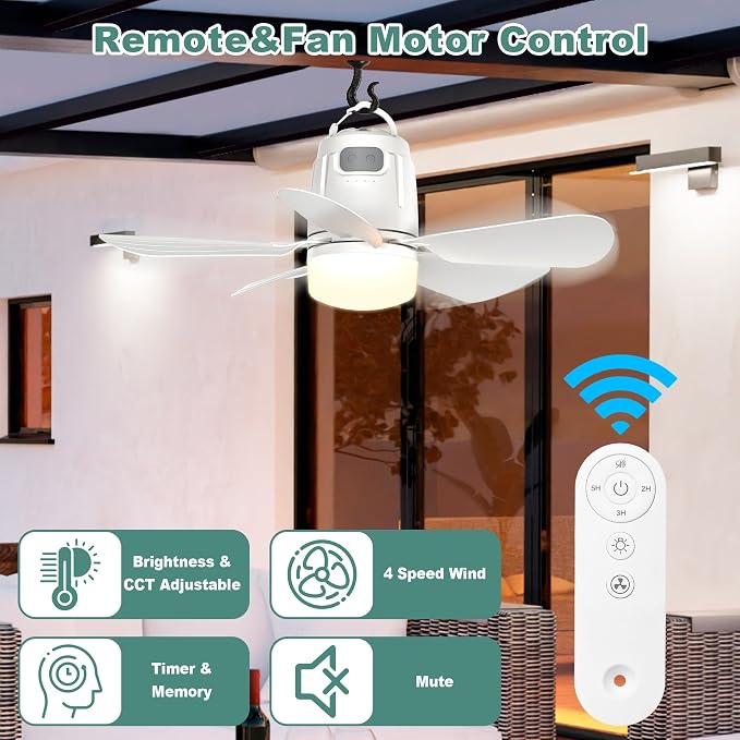 Canopy Fan 20.5'', 20000mAh Portable Outdoor Ceiling Fan with Light with Remote Control and Extension Hook, Easy Operation Battery Powered Fan Light for Gazebo, Tent , Patio, Camping (20.5 inch)