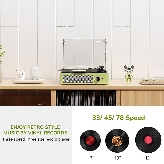 Vinyl Record Player with 2 Stereo Speakers Belt-Driven Vintage Turntables 3 Speed 3 Size Wireless Bluetooth Playback AUX-in RCA Out Headphone LP Vinyl Players Auto Stop Light Green