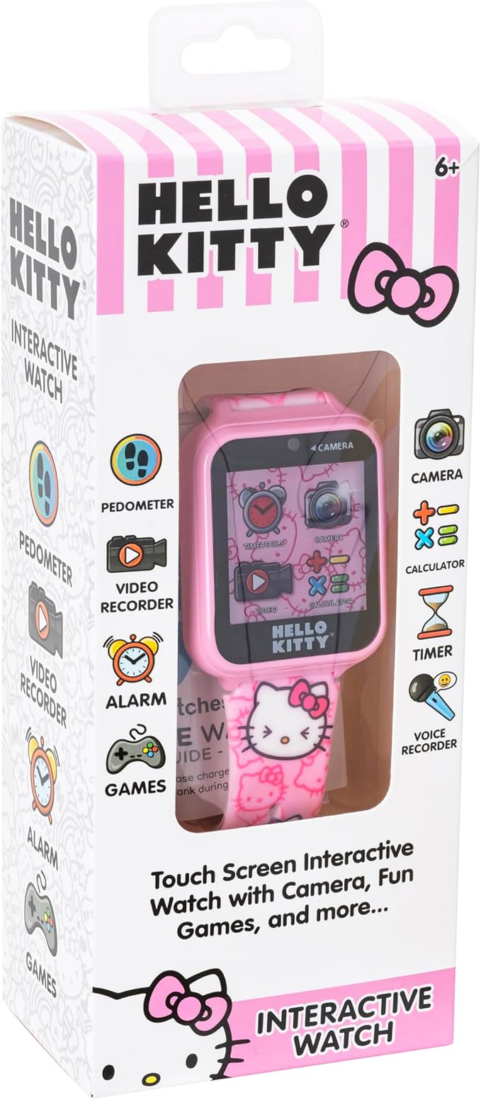 Hello Kitty Kids Smartwatch - Interactive Touchscreen with 10 Watch Faces, Camera, Games, Alarm, Step Tracker & More - Fun Gift for Girls with Pink Silicone Strap - Fits Wrists 5.5'' to 8.0"