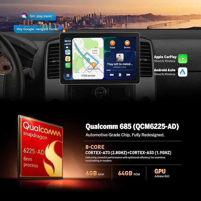 EONON 10.95" QLED 2K Adjustable Screen Car Stereo with Wireless CarPlay/Android Auto,6GB RAM 64GB ROM, 4G,WiFi6,for Universal 1DIN Car Radio with AHD Backup Camera DSP, Opt & Coax Output-SD1X6S2
