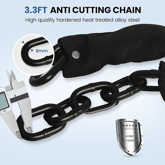 Bike Chain Lock with Alarm 130dB, Heavy Duty Motorcycle Locks Anti Theft 3.3FT, 8mm Hardened Steel Chain with Mini U Lock for Bicycle, Motorcycle, Scooter, Gate