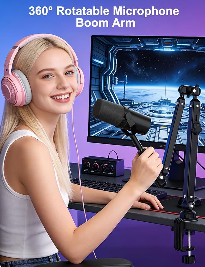 Kairiyard Microphone Boom Arm, 360° Rotatable Heavy Duty Stable Metal Low Profile Mic Arm Stand Desk Mount for Podcast Live Streaming Gaming Studio, with Cable Management, 3/8'' to 5/8'' Adapter